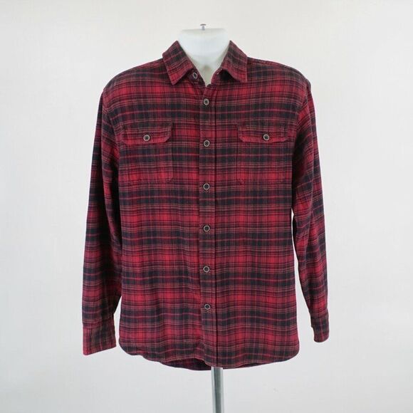 Jachs Red Red Plaid Flannel Medium Collared Dress Shirt Pocket Front - Picture 4 of 10